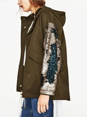 Zara The Sparkling Parka Green Sequin Jacket Size Small